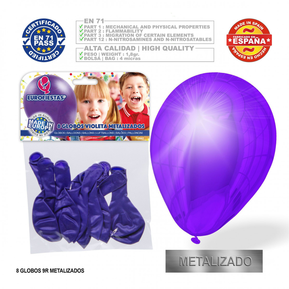 Pack de ballons métallisés violets 9r 8 unités