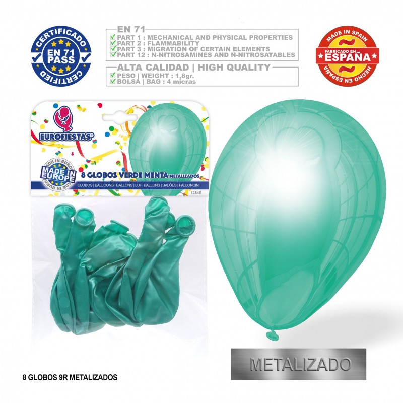 Pack de ballons métallisés vert menthe 9r 8 unités