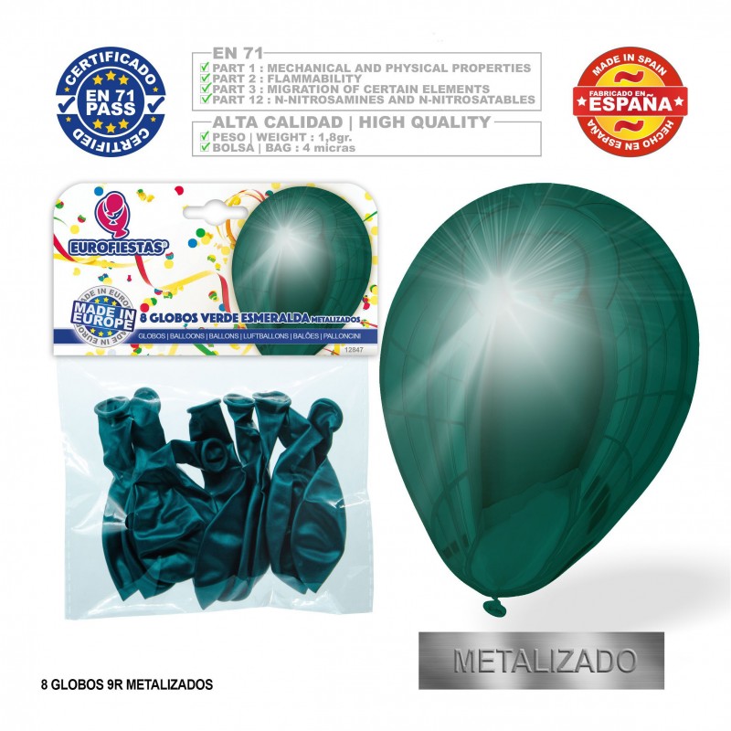 Pack de ballons métallisés vert émeraude 9r 8 unités