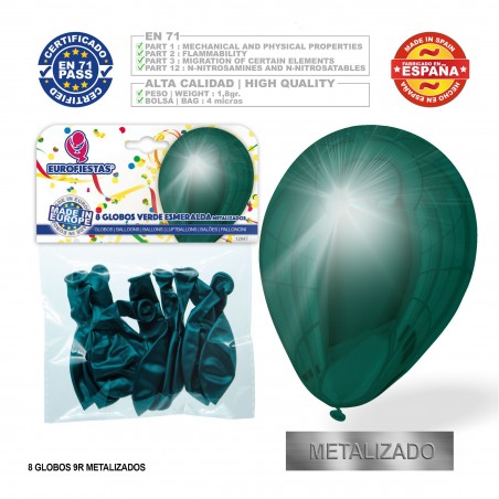Pack de ballons métallisés vert émeraude 9r 8 unités
