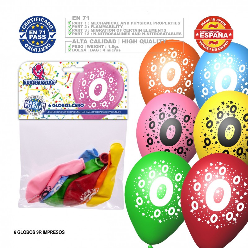 Pack de ballons de couleurs assorties 9r numéro 0 imprimé 6 unités