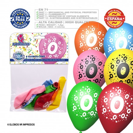 Pack de ballons de couleurs assorties 9r numéro 0 imprimé 6 unités