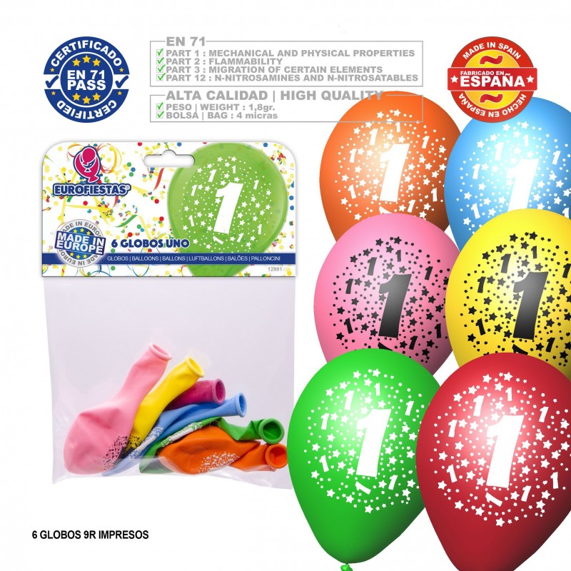 Pack de ballons couleurs assorties 9r numéro 1 imprimé 6 unités