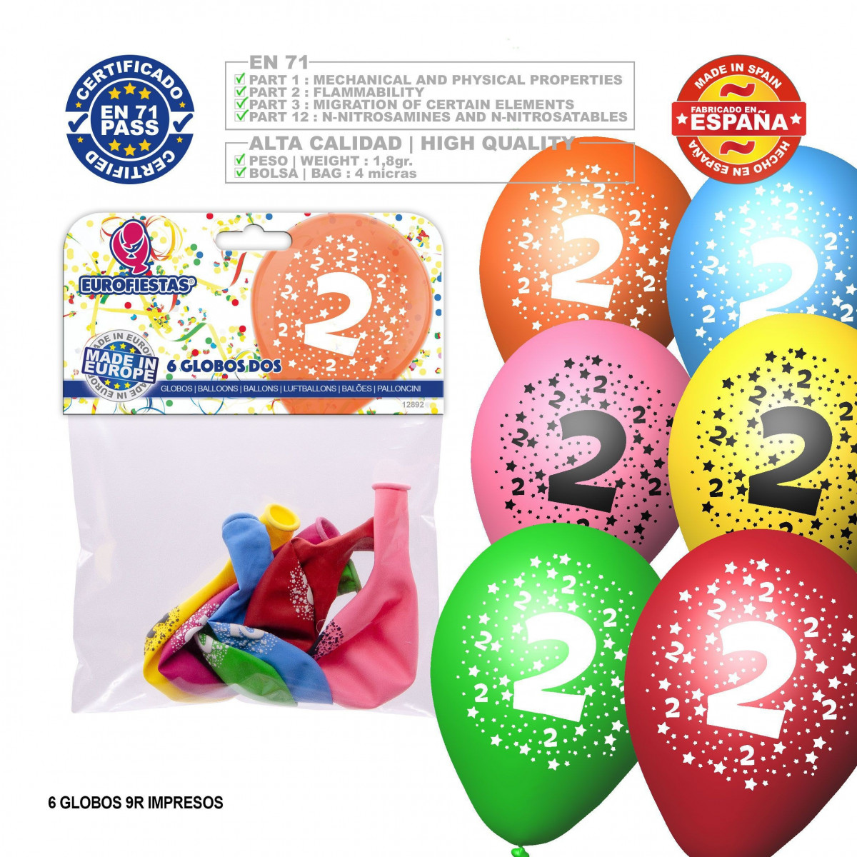 Pack de ballons de couleurs assorties 9r numéro 2 imprimé 6 unités