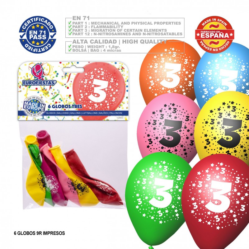 Pack de ballons de couleurs assorties 9r numéro 3 imprimé 6 unités
