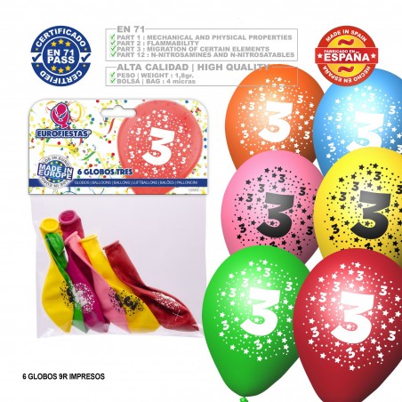Pack de ballons de couleurs assorties 9r numéro 3 imprimé 6 unités