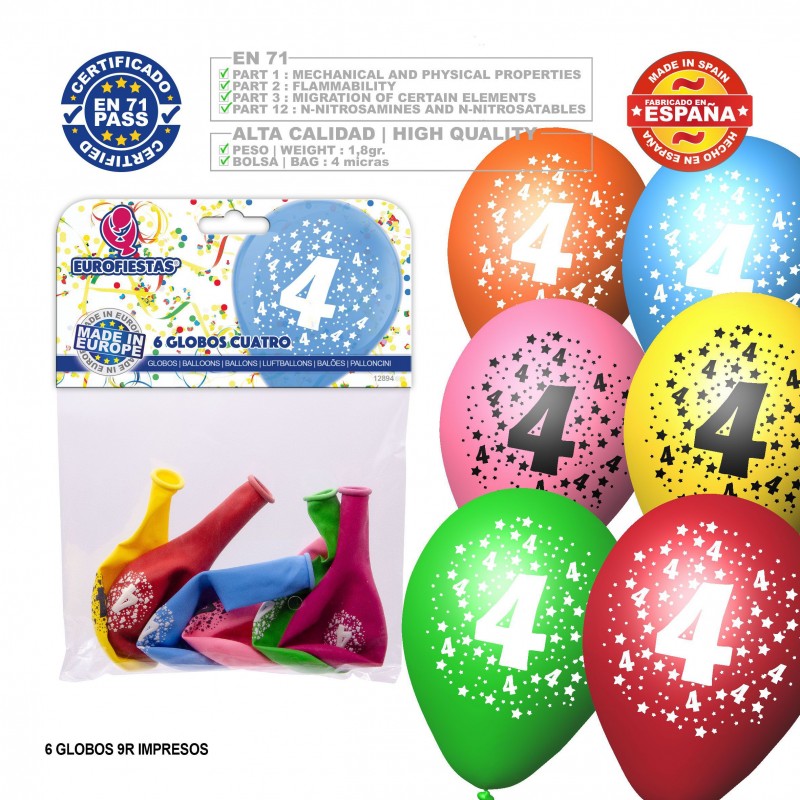 Pack de ballons couleurs assorties 9R numéro 4 imprimé 6 unités