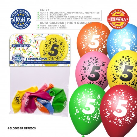 Pack de ballons couleurs assorties 9r numéro 5 imprimé 6 unités