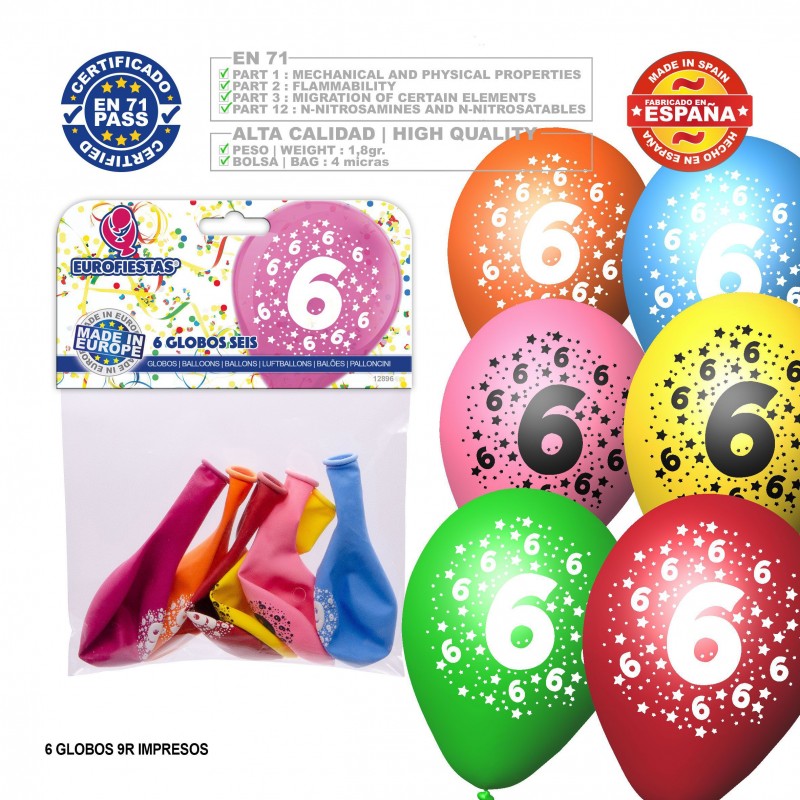 Pack de ballons de couleurs assorties 9r numéro 6 imprimé 6 unités