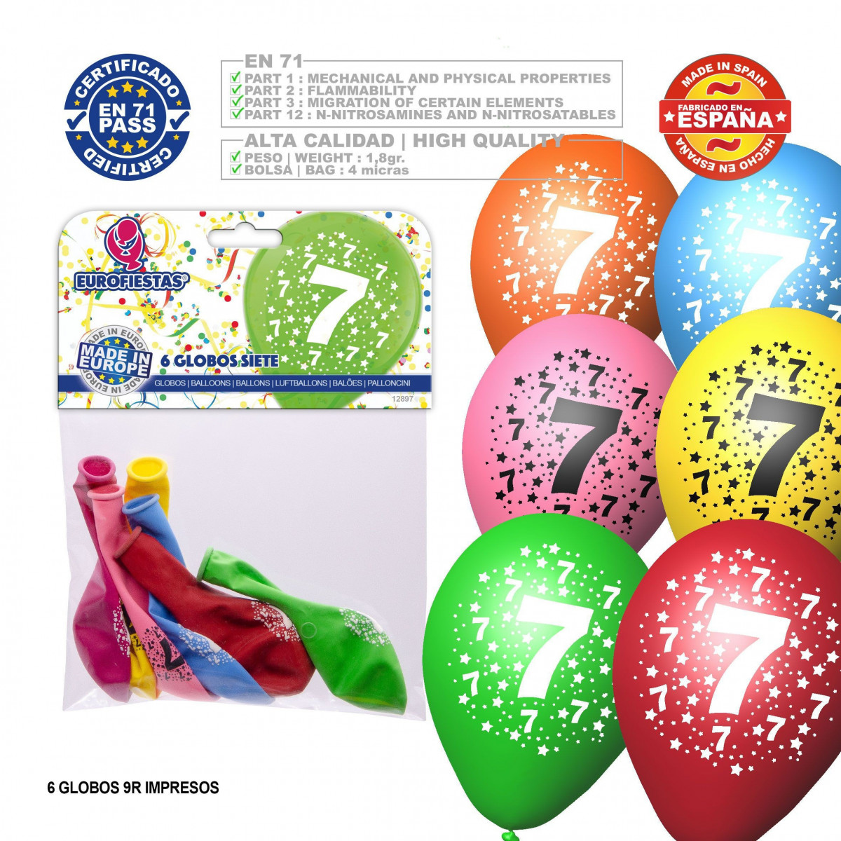 Pack de ballons couleurs assorties 9r numéro 7 imprimé 6 unités