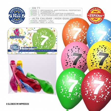Pack de ballons couleurs assorties 9r numéro 7 imprimé 6 unités