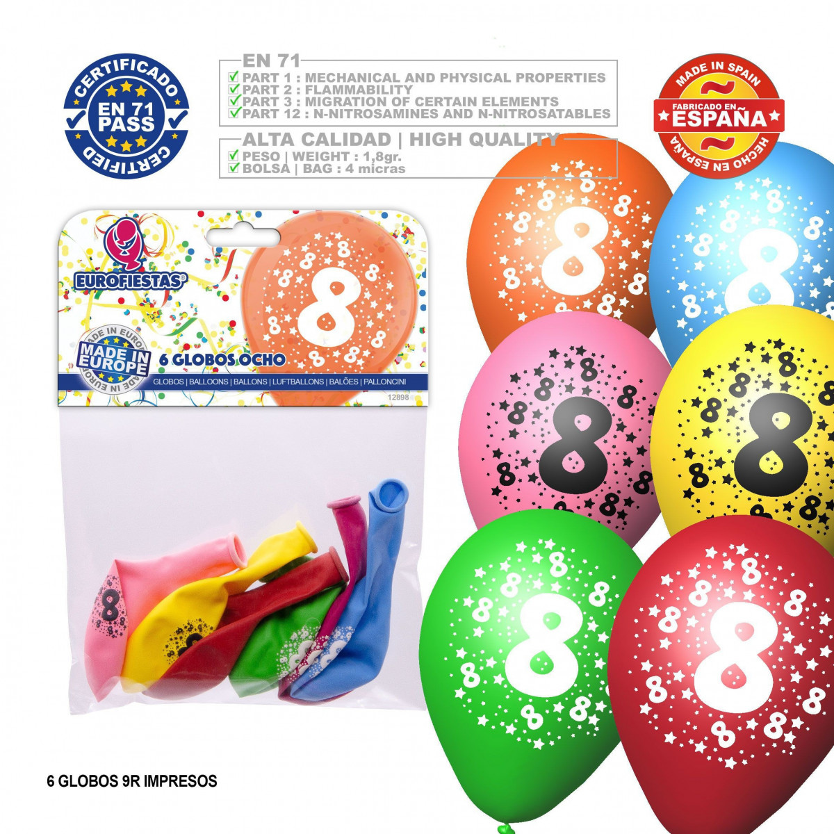Pack de ballons couleurs assorties 9r numéro 8 imprimé 6 unités