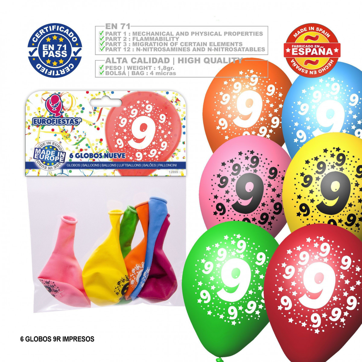 Ballon couleurs assorties 9r numéro 9 imprimé 6 unités