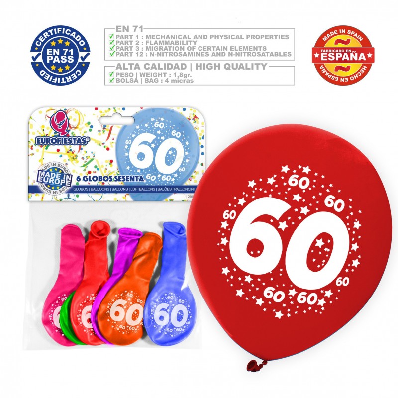 Pack de ballons couleurs assorties 9r numéro 60 imprimé 6 unités