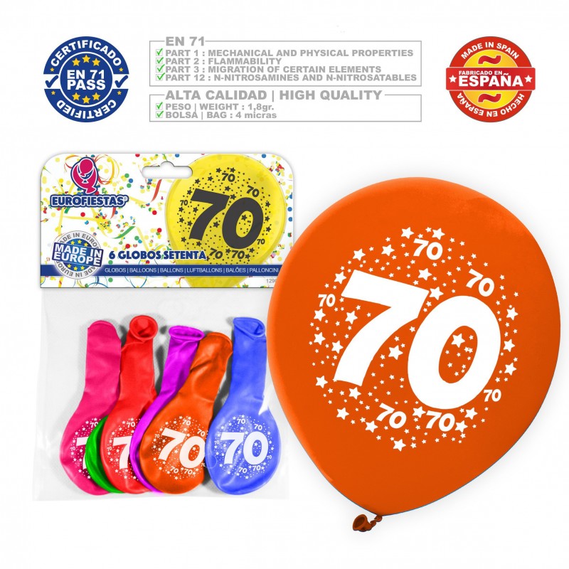 Pack de ballons de couleurs assorties 9r numéro 70 imprimé 6 unités