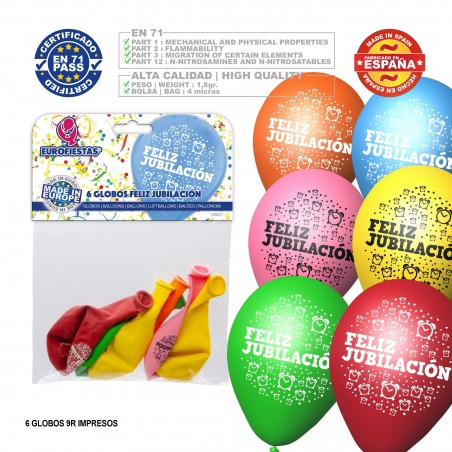 Ballon couleurs assorties 9r bonne retraite imprimé 6 unités