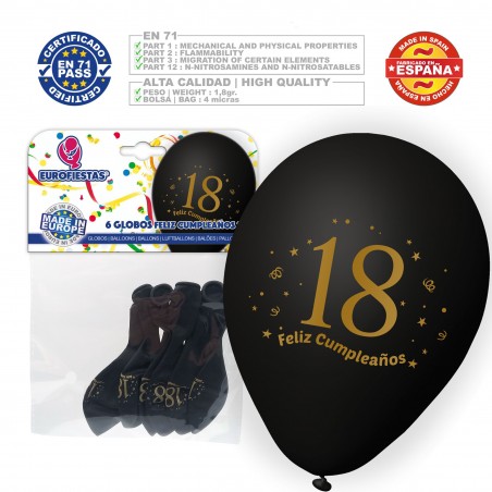Ballons joyeux 18e anniversaire 6 noirs
