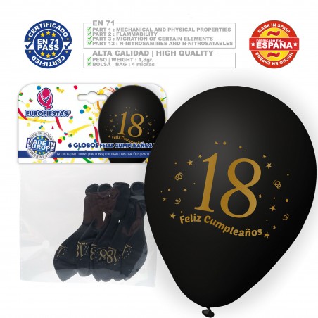 Pack de ballons joyeux 18e anniversaire 6 noirs