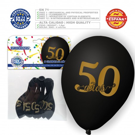 Pack de ballons 50 ans 6 noirs