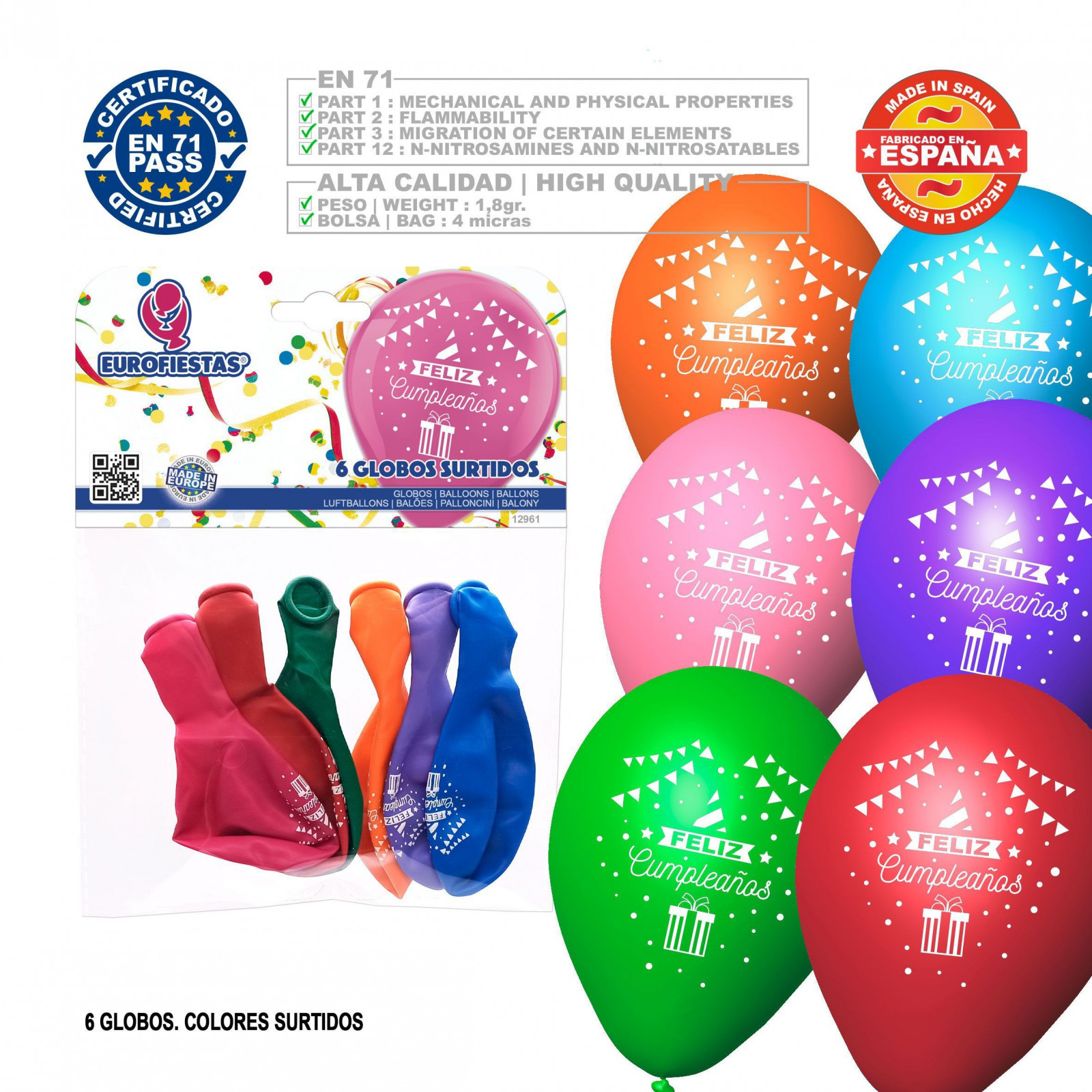 Pack de ballons joyeux anniversaire 6 assortis