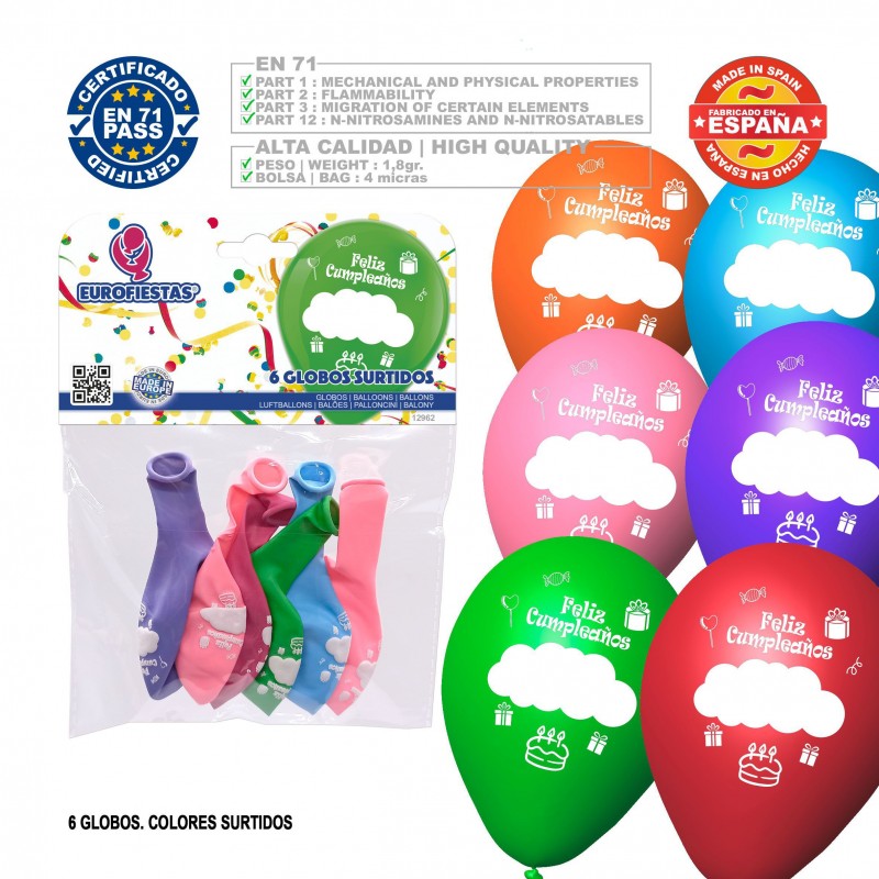 Pack de ballons joyeux anniversaire 6 assortis