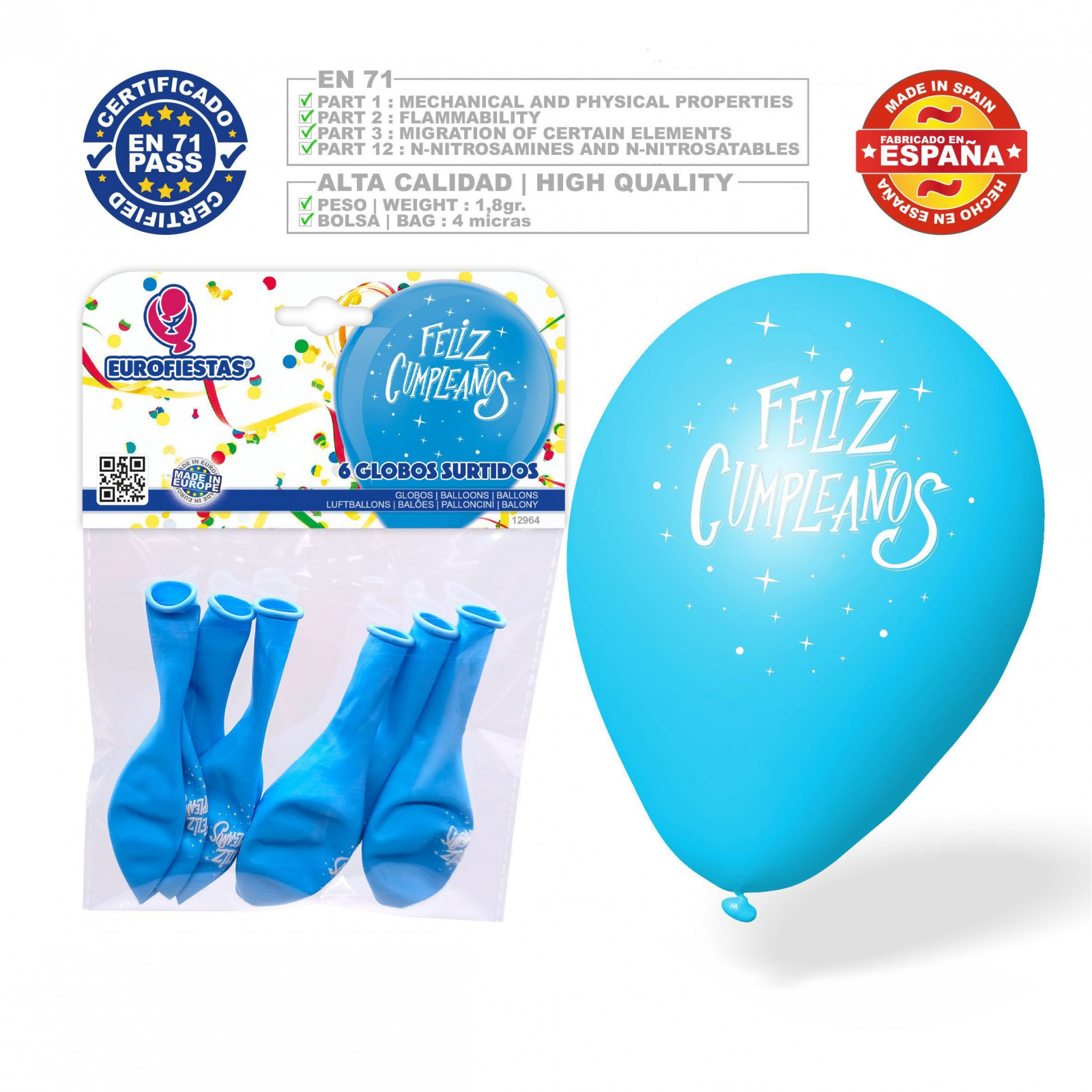 Pack de ballons joyeux anniversaire 6 ciel