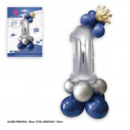Set de ballons en aluminium couronne 80 cm 1 bleu argenté