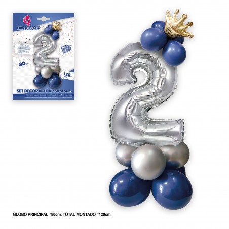 Set de ballons en aluminium couronne 80 cm 2 bleu argenté