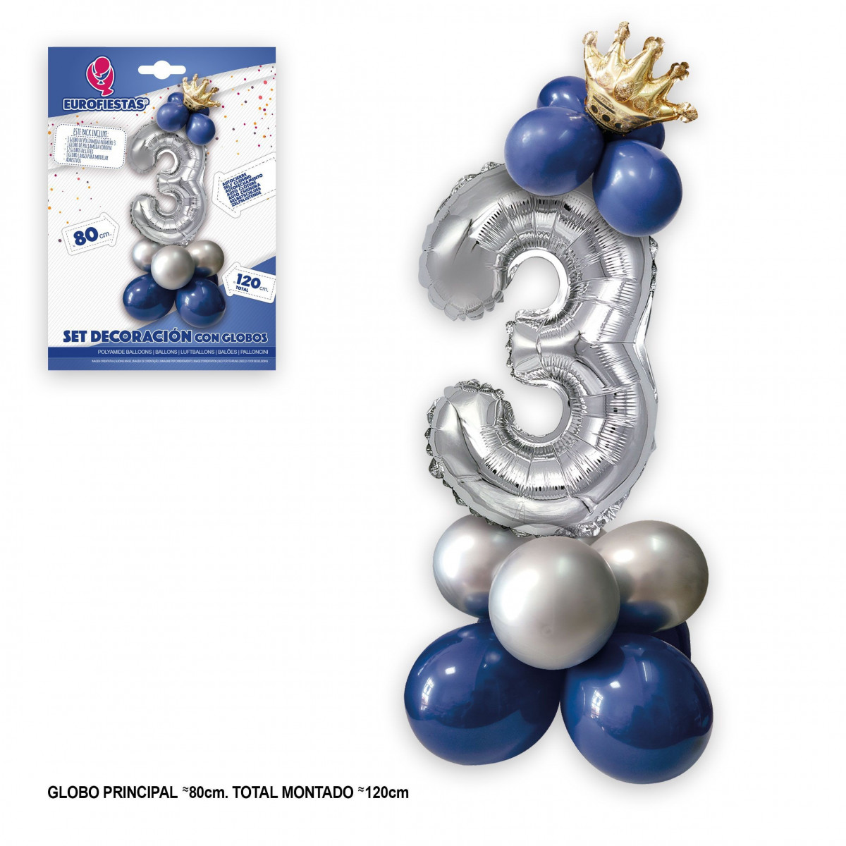 Lot de 3 ballons en aluminium couronne argentée et bleue 80 cm