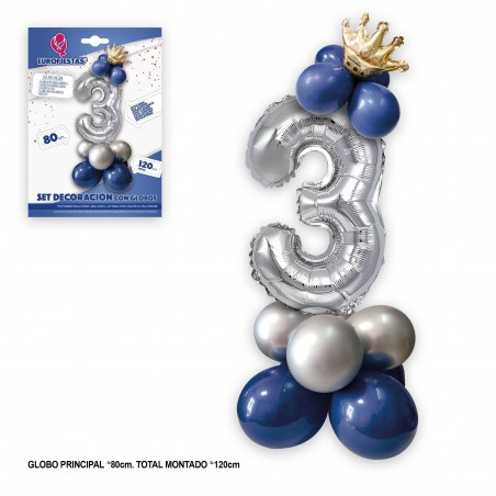 Set de ballons en aluminium couronne 80 cm 3 bleu argenté