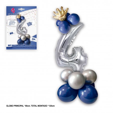 Set de ballons en aluminium couronne 80cm 4 bleu argenté