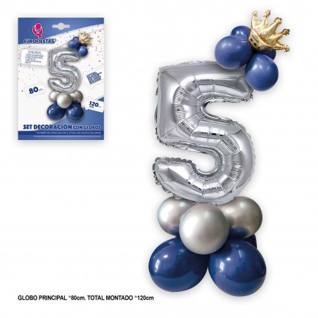 Set de ballons en aluminium couronne 80cm 5 bleu argenté
