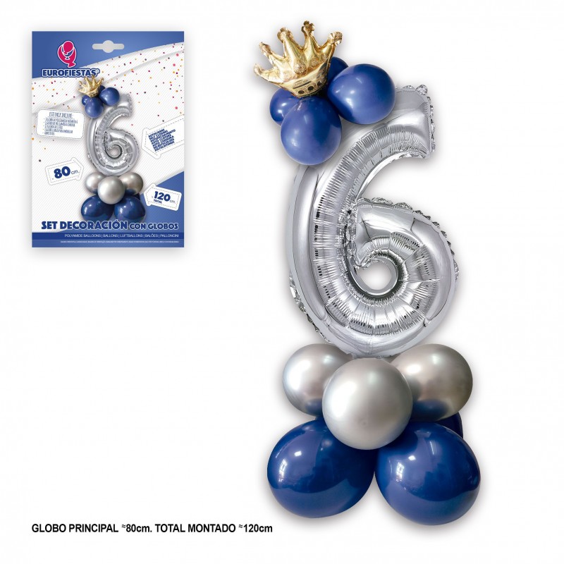 Lot de 6 ballons en aluminium couronne de 80 cm, argent et bleu