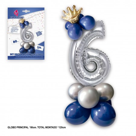 Lot de 6 ballons en aluminium couronne de 80 cm, argent et bleu