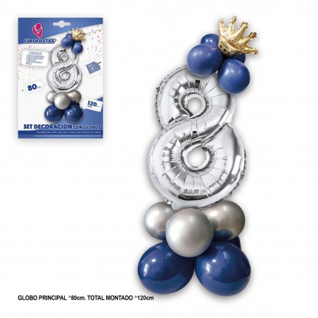 Ensemble de ballons en aluminium couronne 80 cm 8 bleu argenté