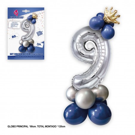 Ensemble de ballons couronne en aluminium 80cm 9 argent bleu