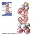 Lot de 3 ballons en aluminium couronne de 80 cm, argent et rose