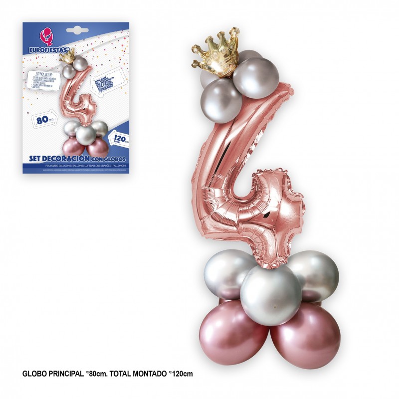 Lot de 4 ballons en aluminium couronne de 80 cm, argent et rose