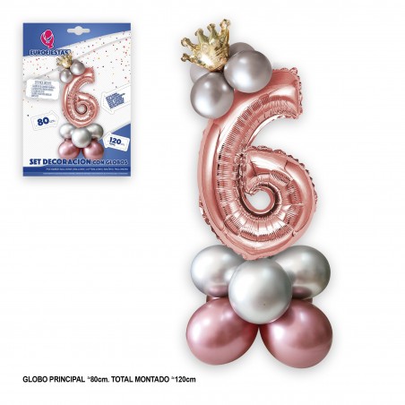 Lot de 6 ballons en aluminium couronne de 80 cm, argent et rose