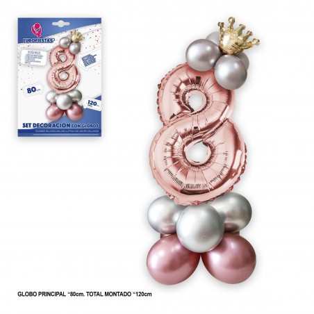 Ensemble de ballons en aluminium couronne 80 cm 8 argent rose