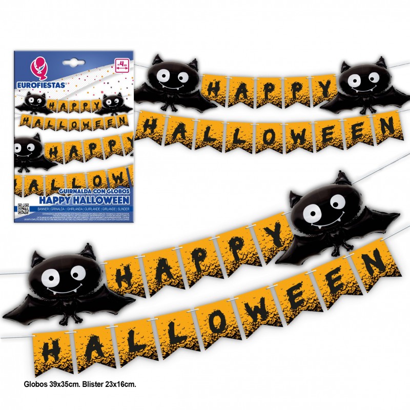 Guirlande joyeux Halloween + 2 ballons chauve-souris