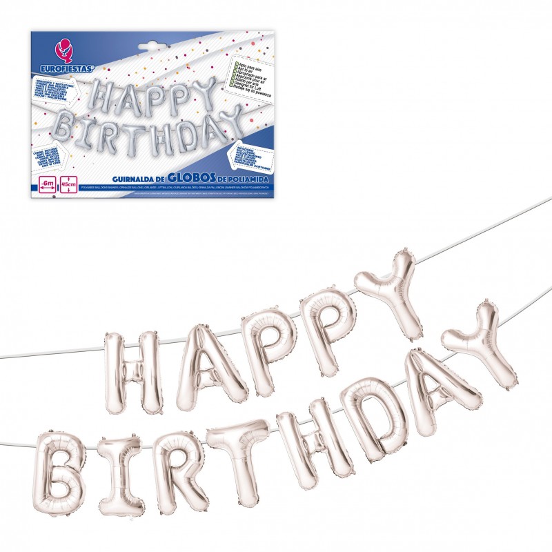 Set ballons polyamide joyeux anniversaire 40cm argent