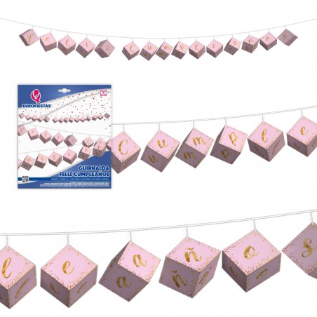 Guirlande cubes joyeux anniversaire rose