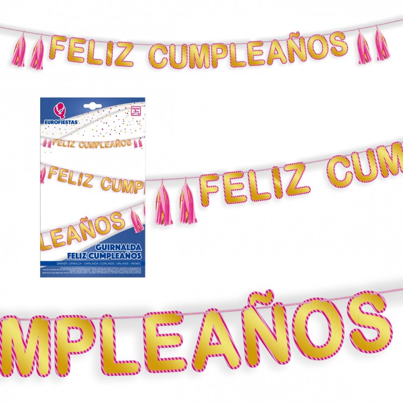 Guirlande joyeux anniversaire or bord rose