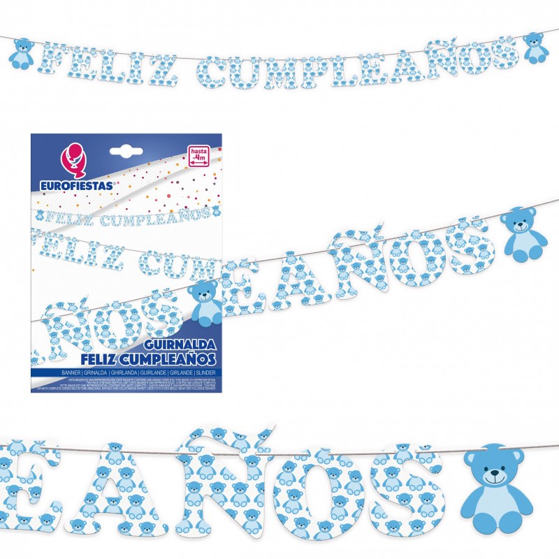 Guirlande joyeux anniversaire ourson bleu ciel