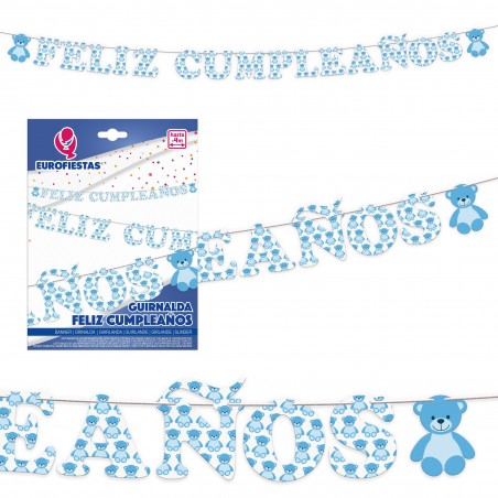 Guirlande joyeux anniversaire ourson bleu ciel