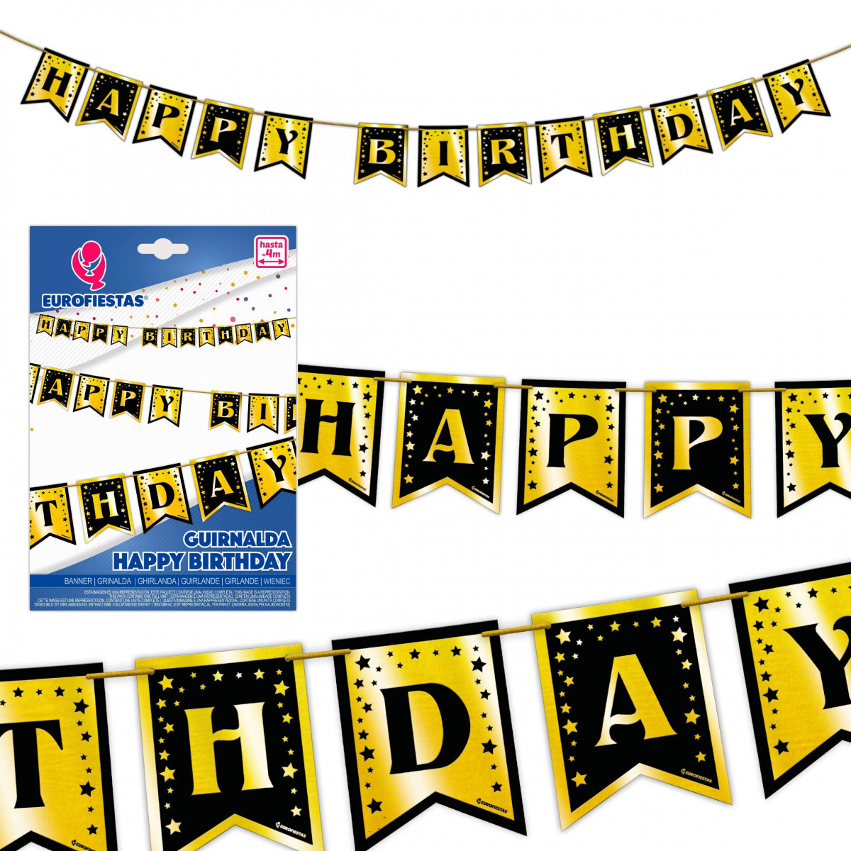 Guirlande joyeux anniversaire fanions or et noir