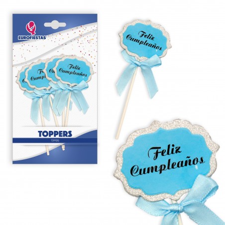 Le topper joyeux anniversaire bleu bord argenté.