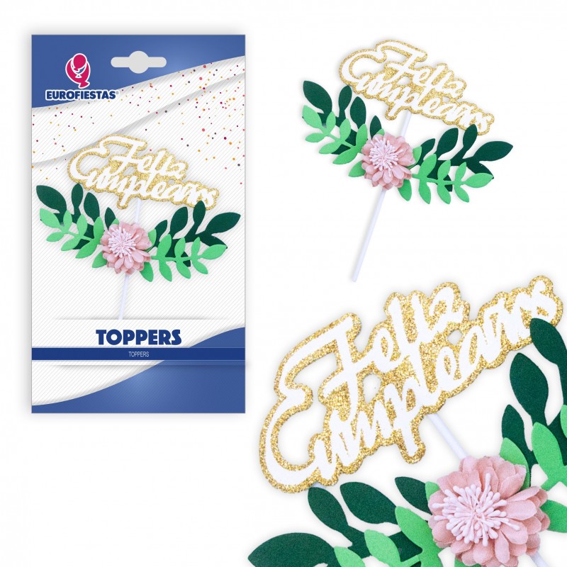 Topper joyeux anniversaire. feuilles avec fleur