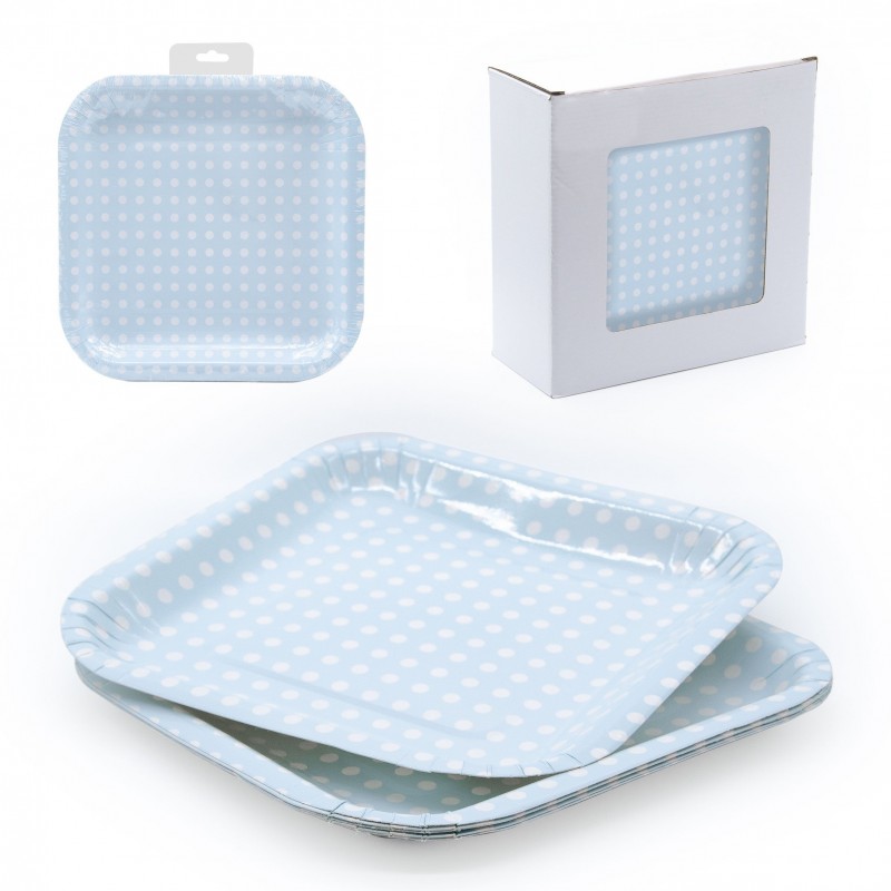Assiette 6 gâteau carré 22x22 pois bleus